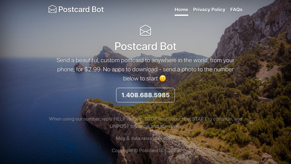 Screenshot of postcardbot.com: Show HN: Text a photo to send as a postcard