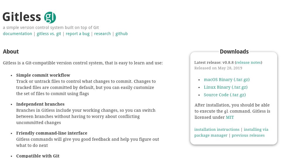 Screenshot of gitless.com: Gitless: A simple VCS built on top of Git