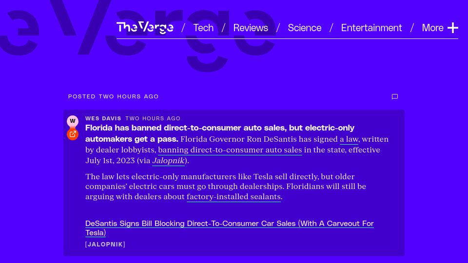 Screenshot of theverge.com: Florida has banned direct-to-consumer auto sales, but Tesla and co get a pass