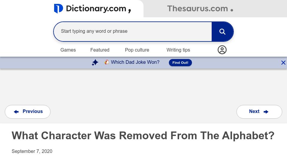 Screenshot of dictionary.com: What character was removed from the alphabet? (2020)