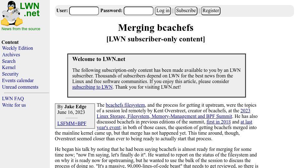 Screenshot of lwn.net: Merging bcachefs