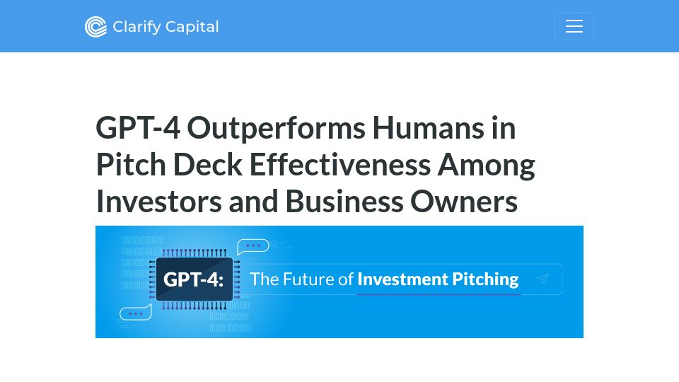 Screenshot of clarifycapital.com: GPT-4 Outperforms Humans in Pitch Deck Effectiveness