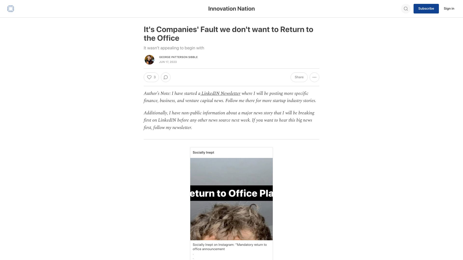 Screenshot of innovationnation.blog: It's companies' fault we don't want to return to the office