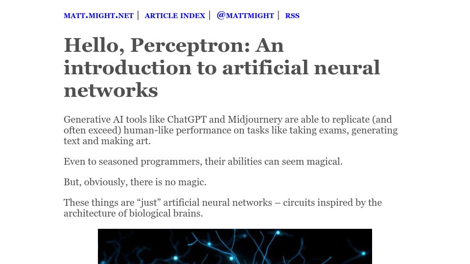Screenshot of matt.might.net: Hello, Perceptron: An introduction to artificial neural networks