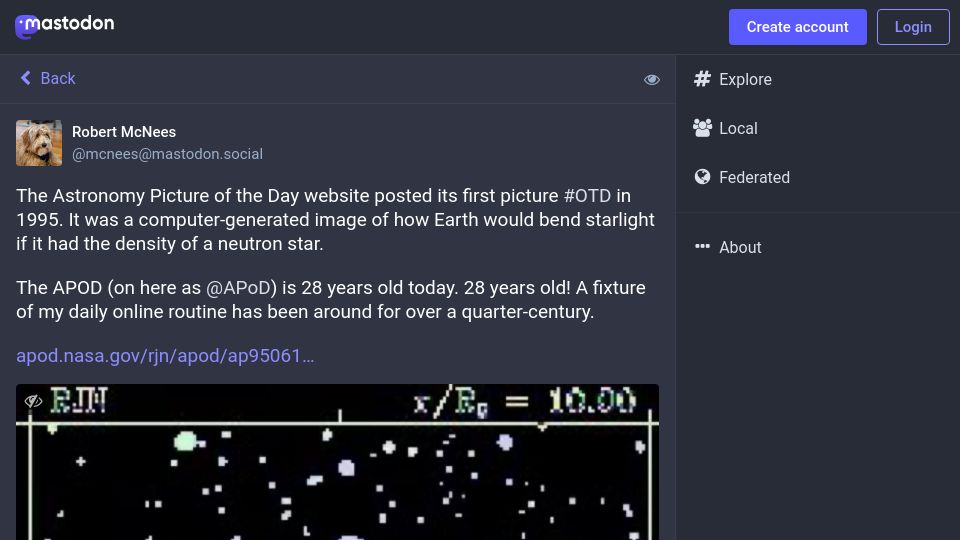 Screenshot of mastodon.social: Astronomy Picture of the Day is is 28 years old today