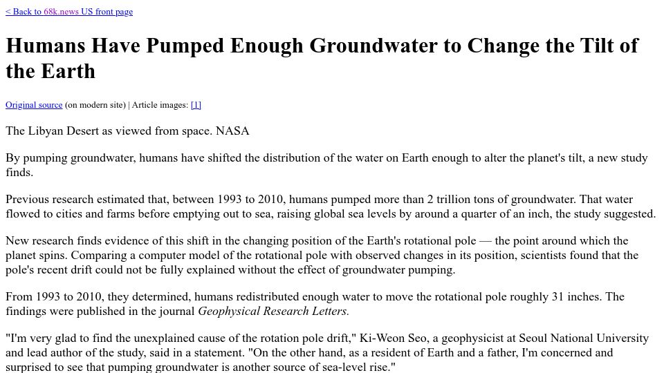 Screenshot of e360.yale.edu: Humans have pumped enough groundwater to change the tilt of the Earth