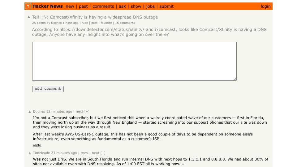 Screenshot of Hacker News post: Tell HN: Comcast/Xfinity is having a widespread DNS outage