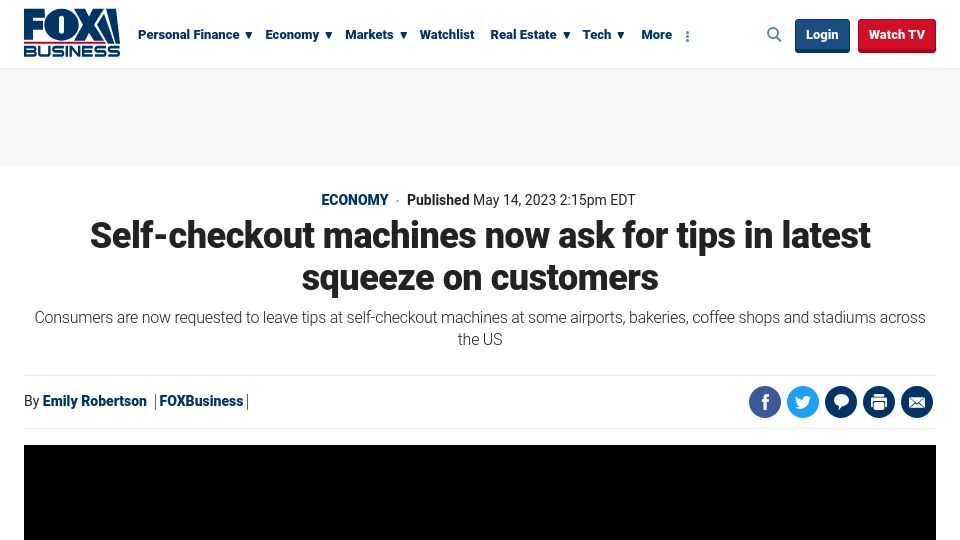 Screenshot of foxbusiness.com: Self-checkout machines now ask for tips in latest squeeze on customers