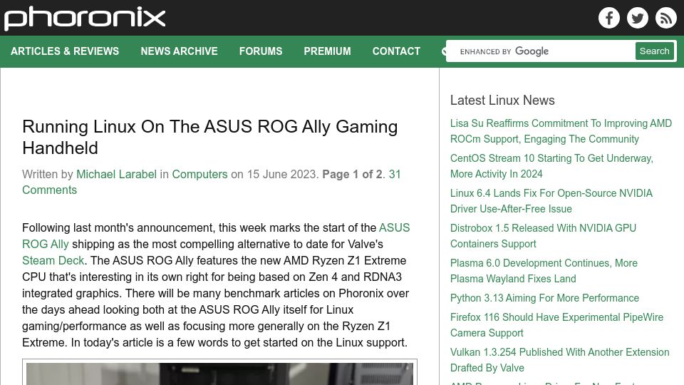 Screenshot of phoronix.com: Running Linux on the Asus ROG Ally Gaming Handheld