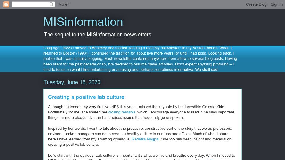 Screenshot of mis-misinformation.blogspot.com: Creating a positive lab culture (2020)