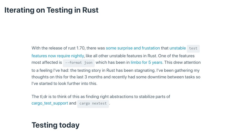 Screenshot of epage.github.io: Iterating on Testing in Rust