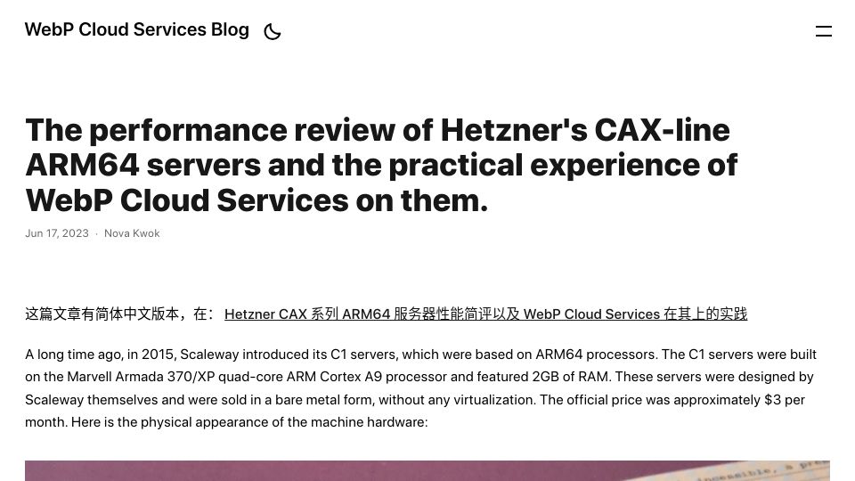 Screenshot of blog.webp.se: Review of Hetzner ARM64 servers and experience of WebP cloud services on them