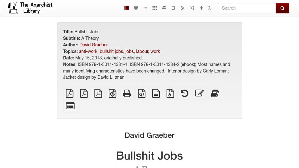 Screenshot of theanarchistlibrary.org: Bullshit Jobs (2018)