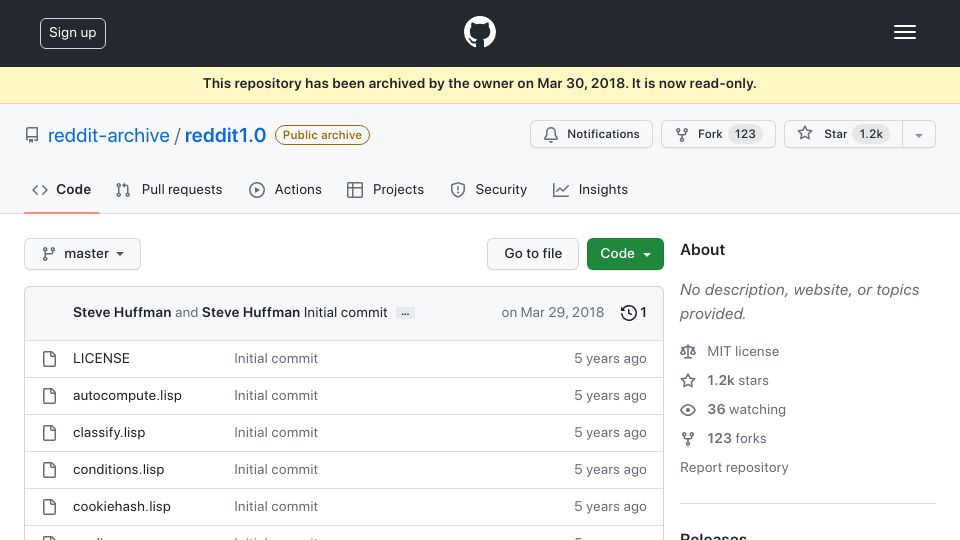 Screenshot of github.com: Reddit 1.0 was written in Lisp