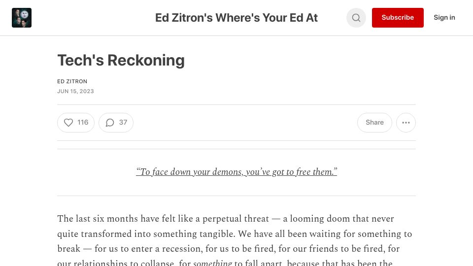 Screenshot of wheresyoured.at: Tech is facing a reckoning, not a recession