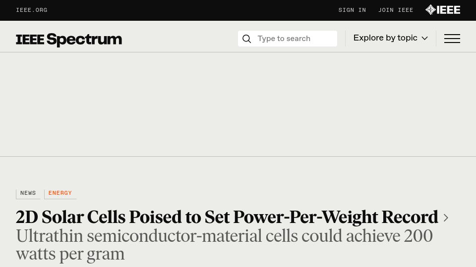 Screenshot of spectrum.ieee.org: 2D Solar Cells Poised to Set Power-per-Weight Record
