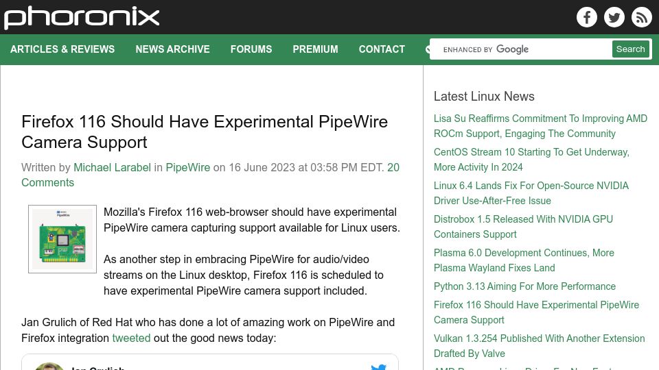 Screenshot of phoronix.com: Firefox 116 Should Have Experimental PipeWire Camera Support