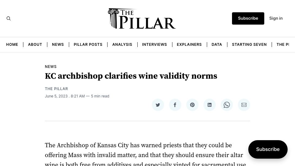 Screenshot of pillarcatholic.com: KC archbishop clarifies wine validity norms
