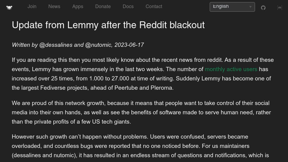 Screenshot of join-lemmy.org: Update from Lemmy after the Reddit blackout