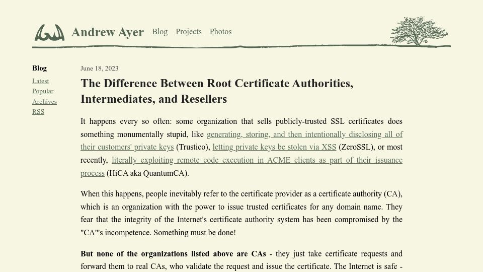 Screenshot of agwa.name: The Difference Between Root Certificate Authorities, Intermediates and Resellers