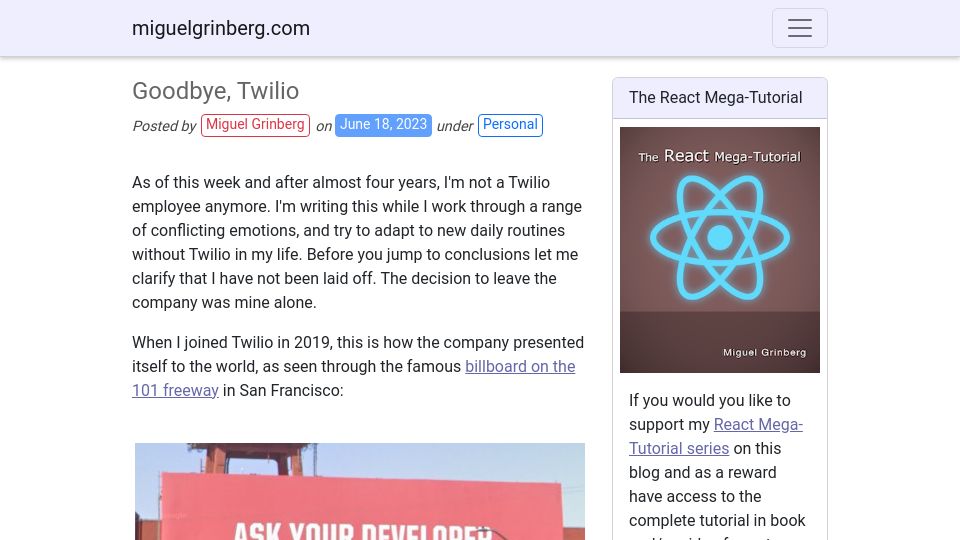 Screenshot of blog.miguelgrinberg.com: Goodbye, Twilio
