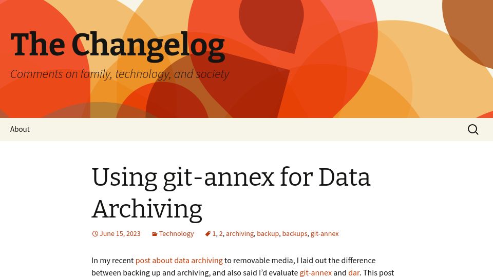 Screenshot of changelog.complete.org: Using Git-annex for Data Archiving