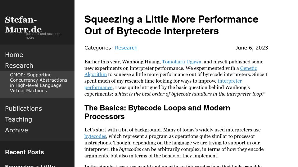 Screenshot of stefan-marr.de: Squeezing a Little More Performance Out of Bytecode Interpreters