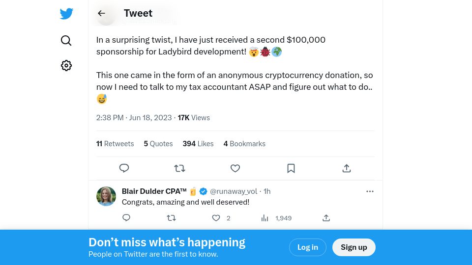 Screenshot of twitter.com: In a surprising twist, I just received a second $100k sponsorship for Ladybird