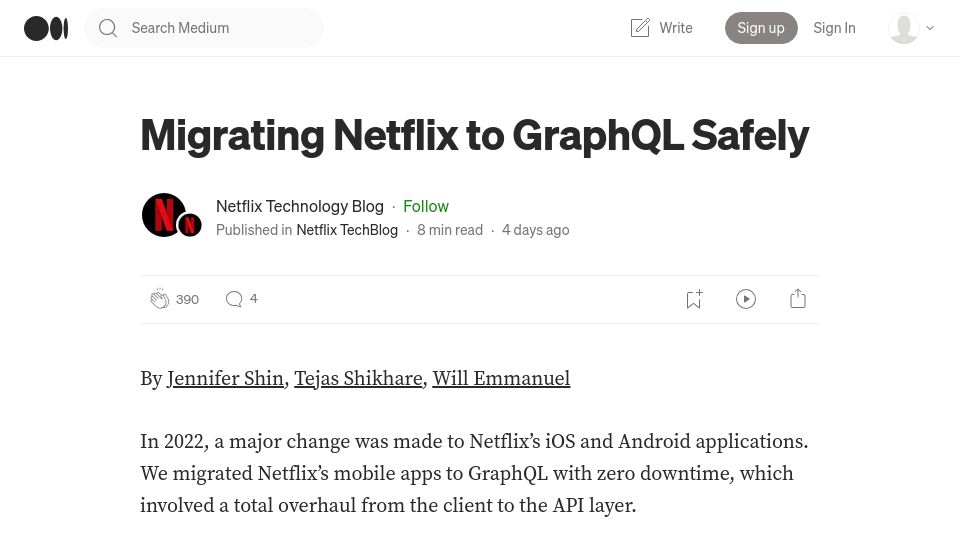 Screenshot of netflixtechblog.com: Migrating Netflix to GraphQL safely