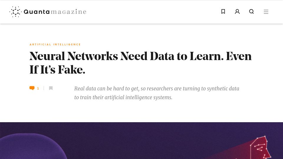 Screenshot of quantamagazine.org: Neural networks need data to learn, even if it’s fake