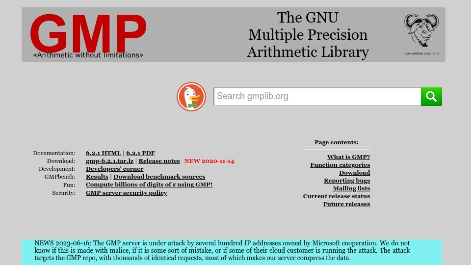 Screenshot of gmplib.org: The GMP library's repository is under attack by a single GitHub user