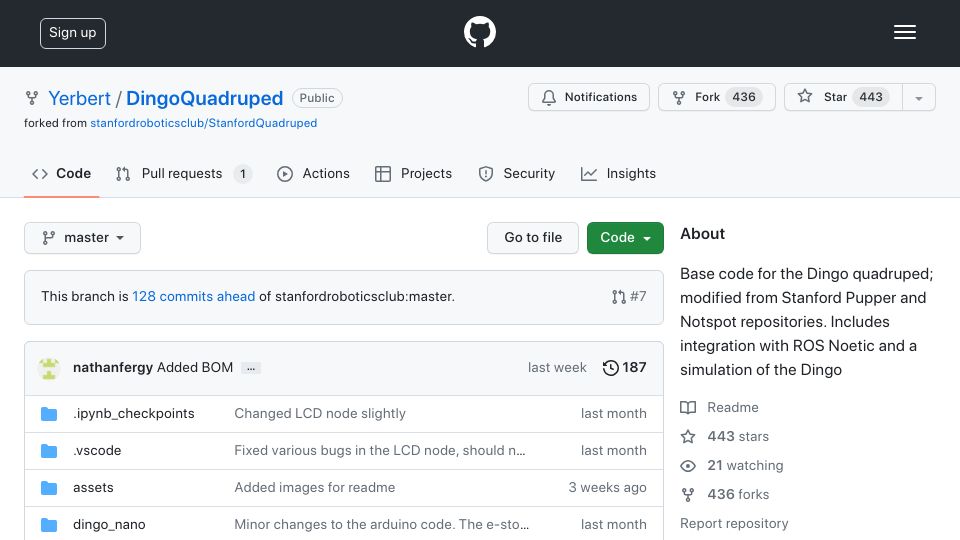 Screenshot of github.com: Dingo, an open source robot dog