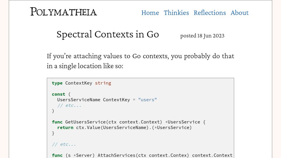 Screenshot of hypirion.com: Spectral Contexts in Go