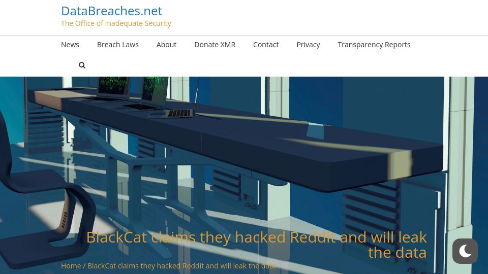 Screenshot of databreaches.net: BlackCat claims they hacked Reddit and will leak the data
