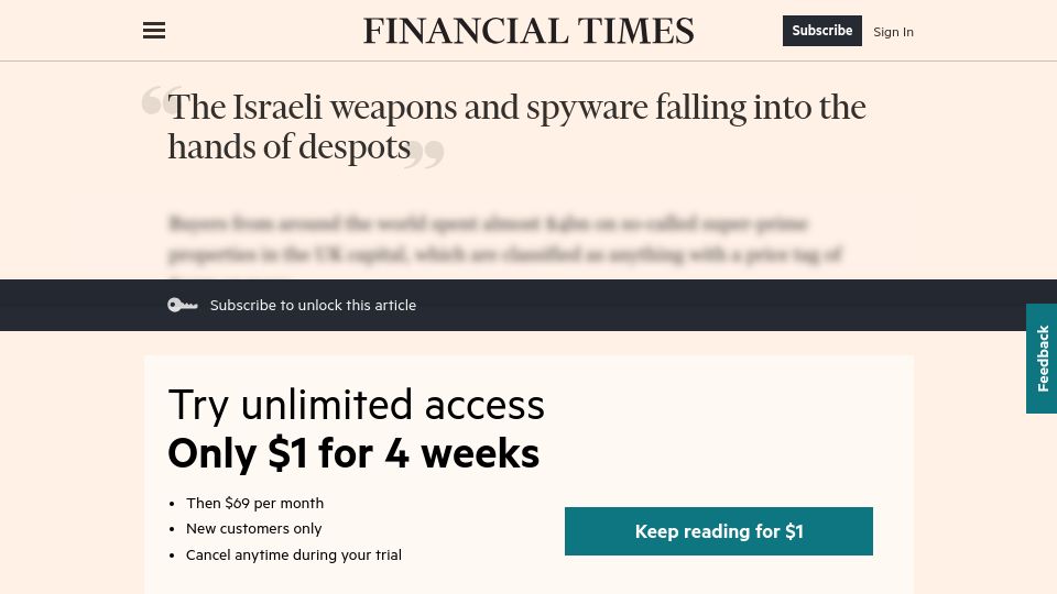Screenshot of ft.com: The Israeli weapons and spyware falling into the hands of despots