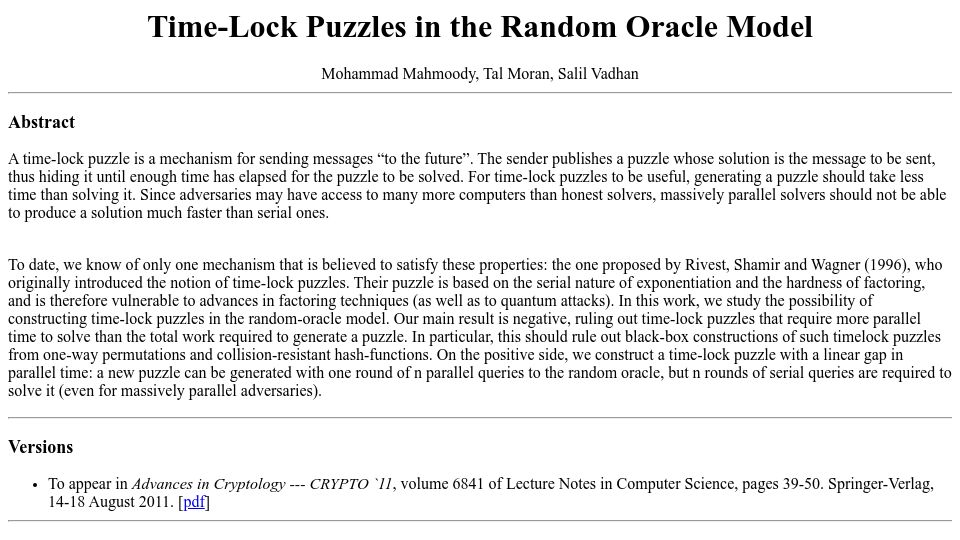 Screenshot of people.seas.harvard.edu: Time-Lock Puzzles in the Random Oracle Model (2011)