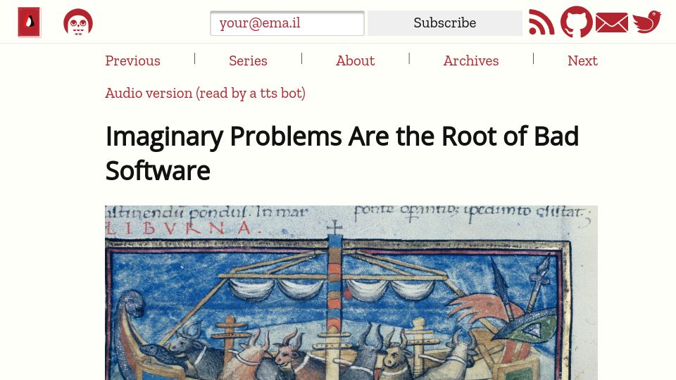 Screenshot of cerebralab.com: Imaginary problems are the root of bad software