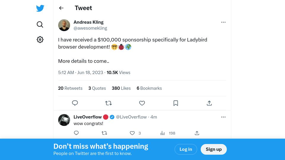 Screenshot of twitter.com: I have received a $100k sponsorship for Ladybird browser