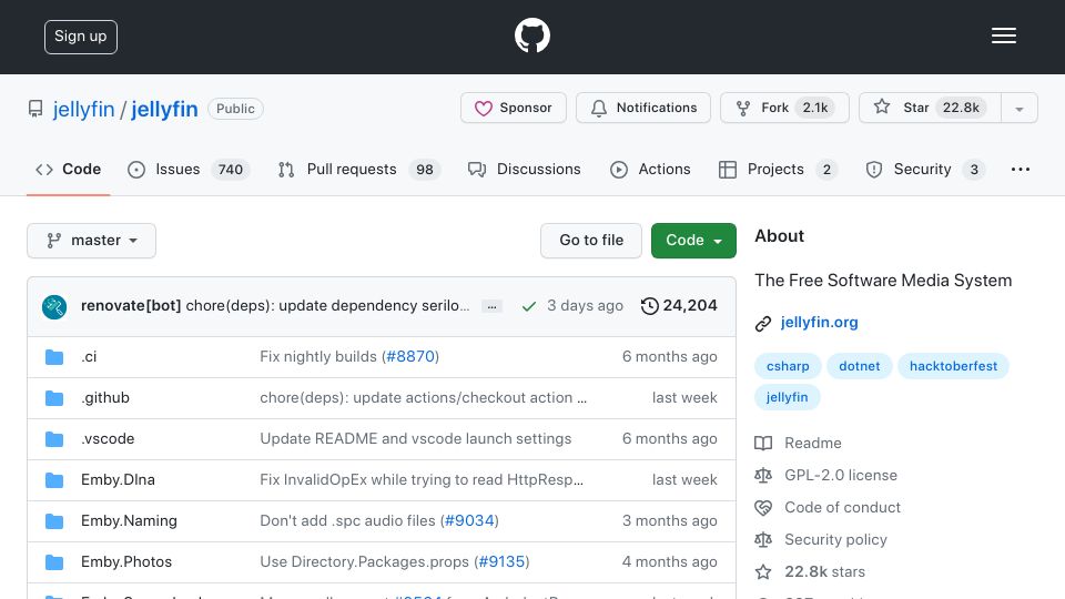 Screenshot of github.com: Jellyfin: Free software media system