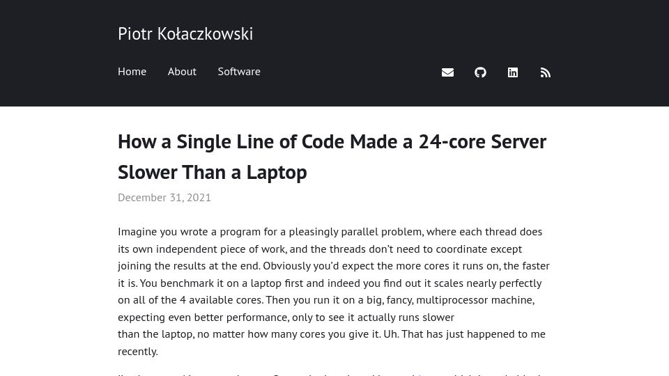 Screenshot of pkolaczk.github.io: A single line of code made a 24-core server slower than a laptop (2021)