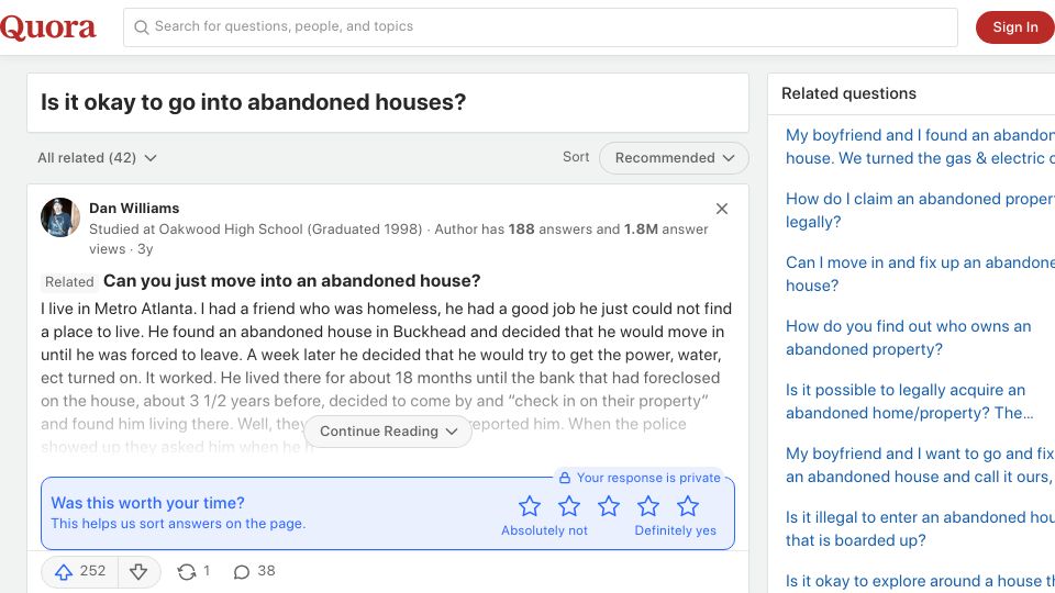 Screenshot of quora.com: Can you just move into an abandoned house?