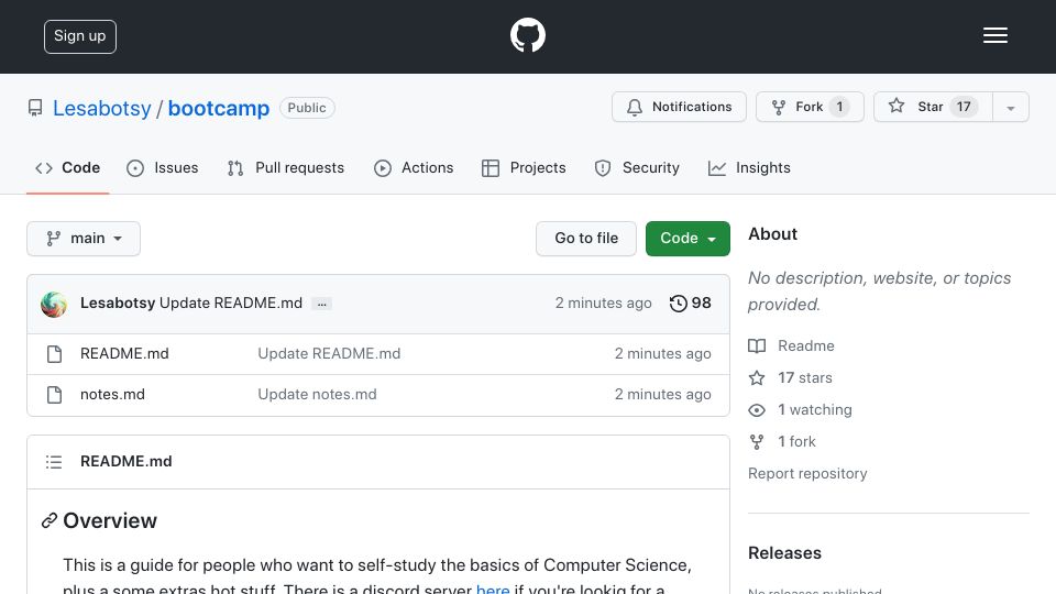 Screenshot of github.com: A guide for people who want to self-study the basics of computer science