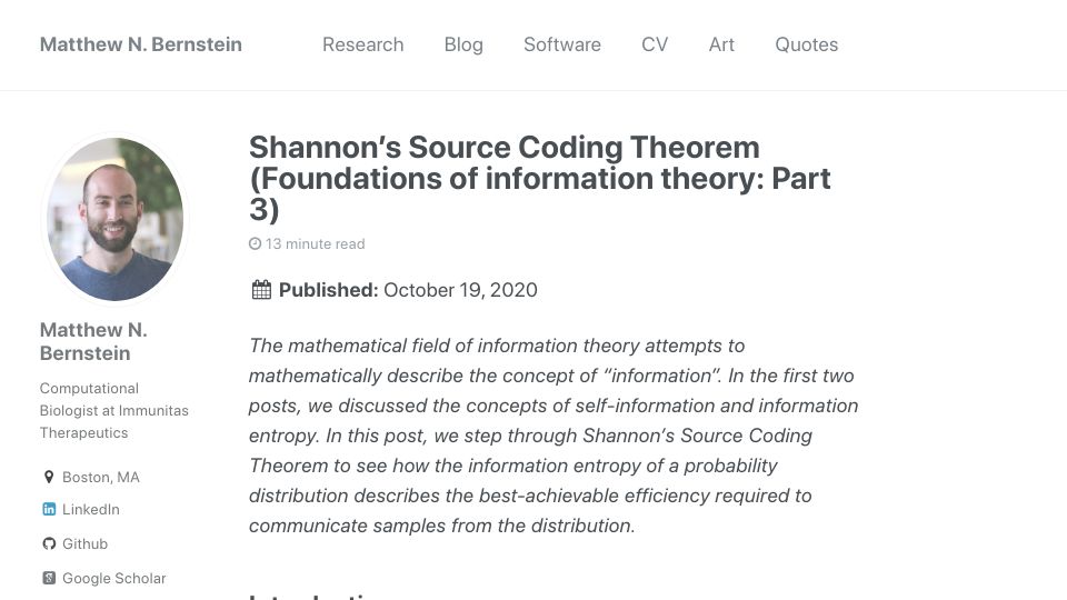 Screenshot of mbernste.github.io: Shannon’s Source Coding Theorem (2020)