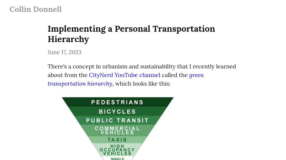 Screenshot of collindonnell.com: Implementing a Personal Transportation Hierarchy
