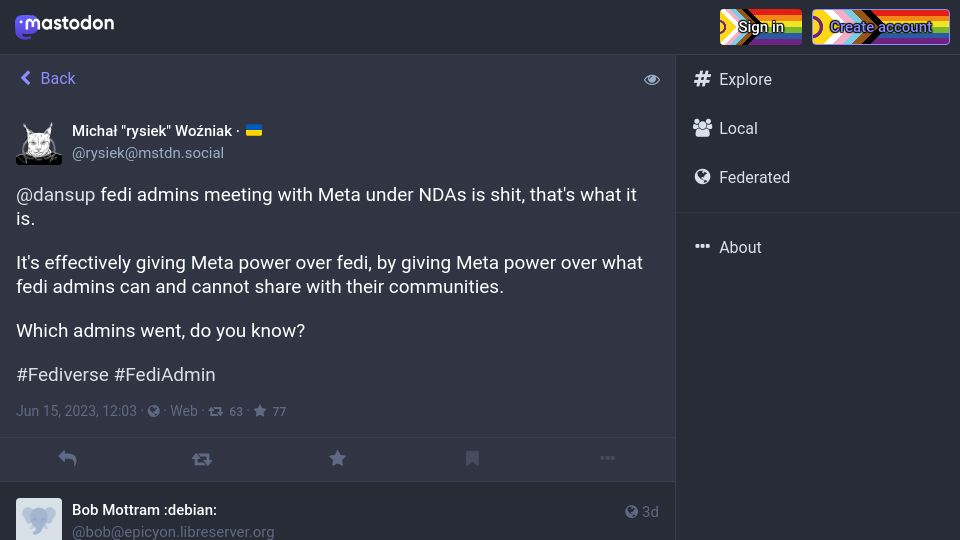 Screenshot of mstdn.social: Meta/Facebook is inviting Fediverse admins under NDA for “meetings”