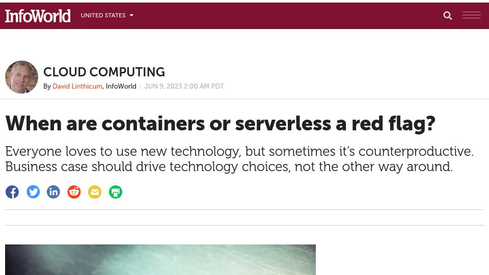 Screenshot of infoworld.com: When are containers or serverless a red flag?