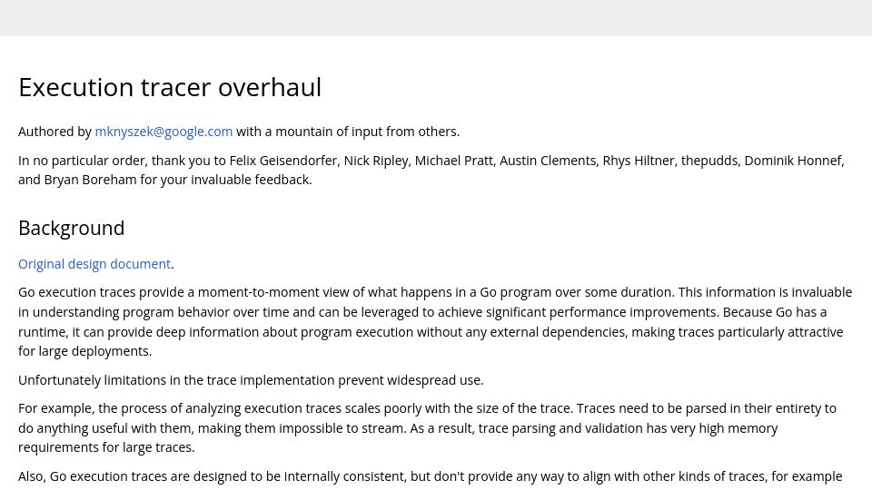 Screenshot of go.googlesource.com: Go: Execution Tracer Overhaul