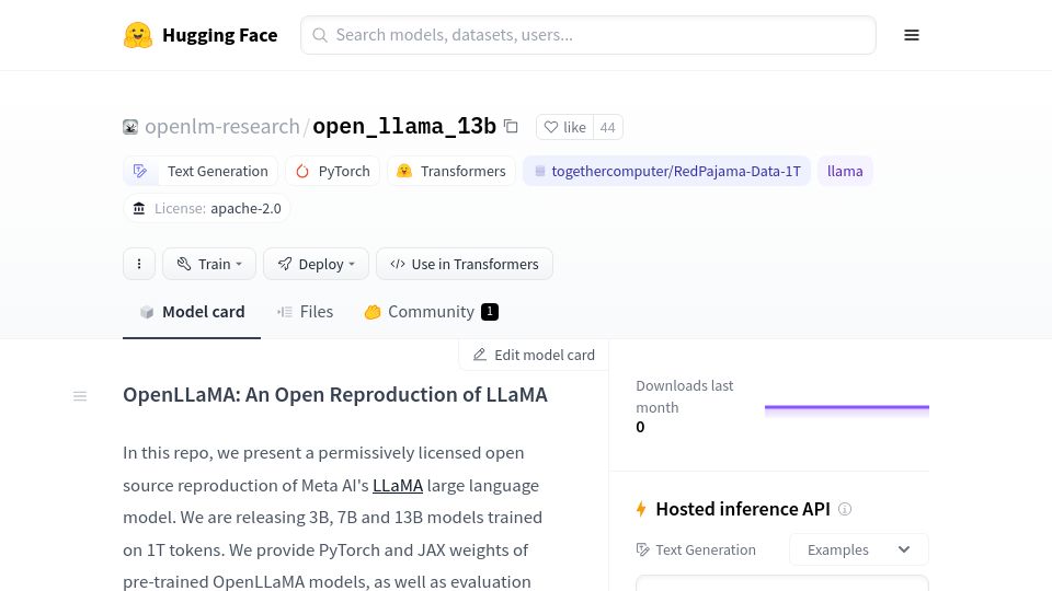 Screenshot of huggingface.co: OpenLLaMA 13B Released