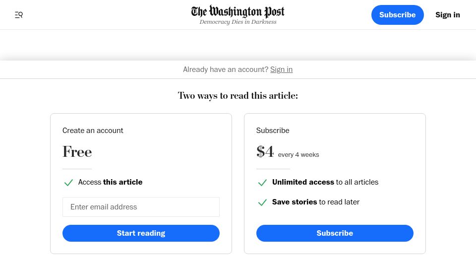 Screenshot of washingtonpost.com: Congress is racing to regulate AI. Silicon Valley is eager to teach them how