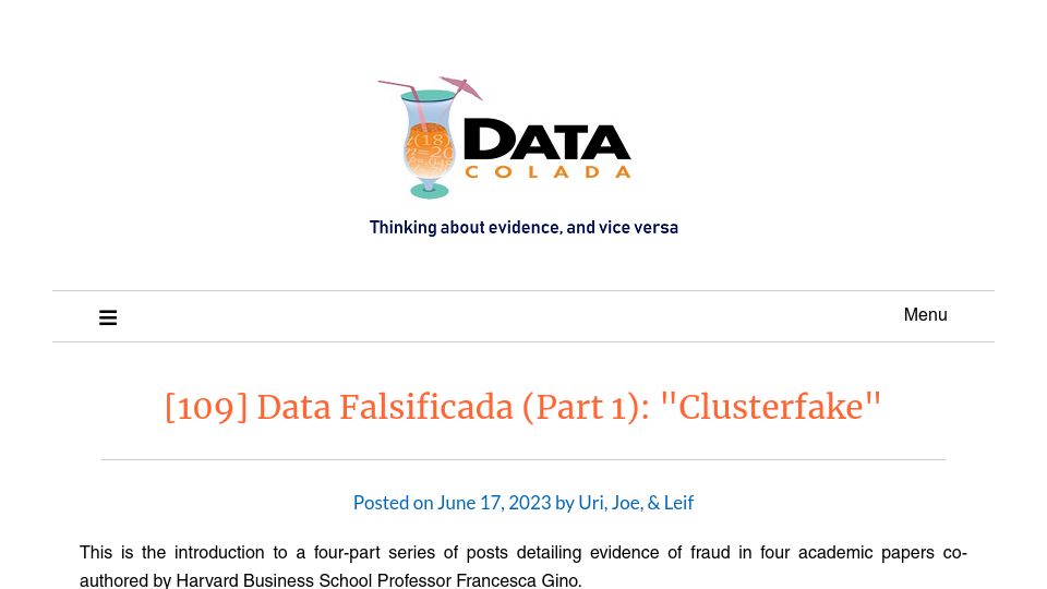 Screenshot of datacolada.org: Data Falsificada (Part 1): “Clusterfake” – Data Colada